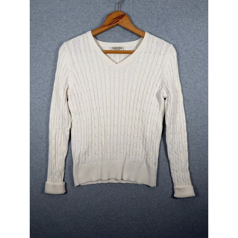 St. John’s Bay Cable Knit V-Neck Sweater Ivory Cotton Blend Small S 3815
